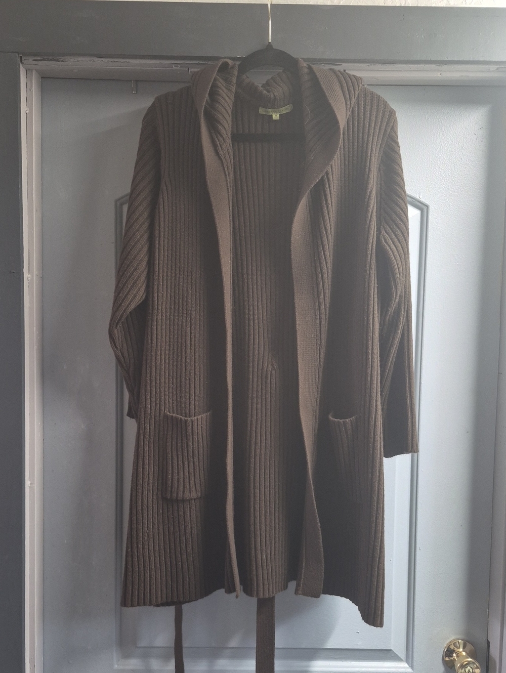Carolyn Taylor Brown Ribbed Hooded Open-Front Cardigan with Belt